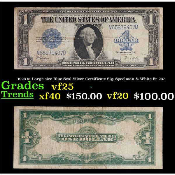 1923 $1 Large size Blue Seal Silver Certificate Sig. Speelman & White Fr-237 Grades vf+