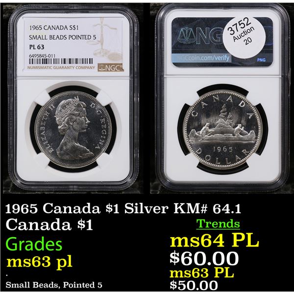 NGC 1965 Canada $1 Silver Canada Dollar KM# 64.1 $1 Graded ms63 pl By NGC