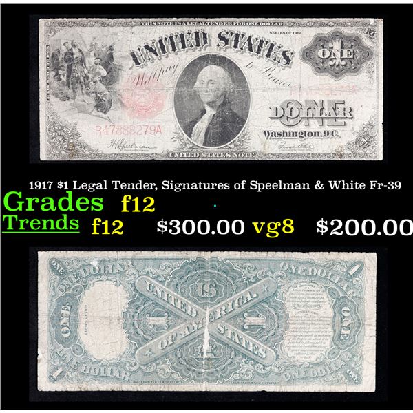 1917 $1 Legal Tender, Signatures of Speelman & White Fr-39 Grades f, fine