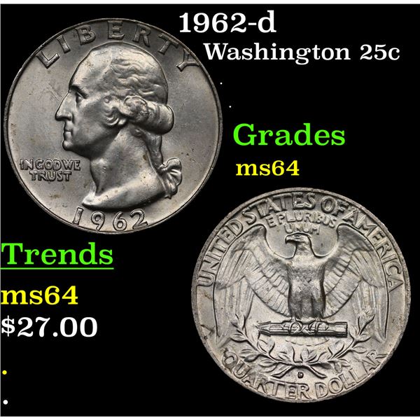 1962-d Washington Quarter 25c Grades Choice Unc