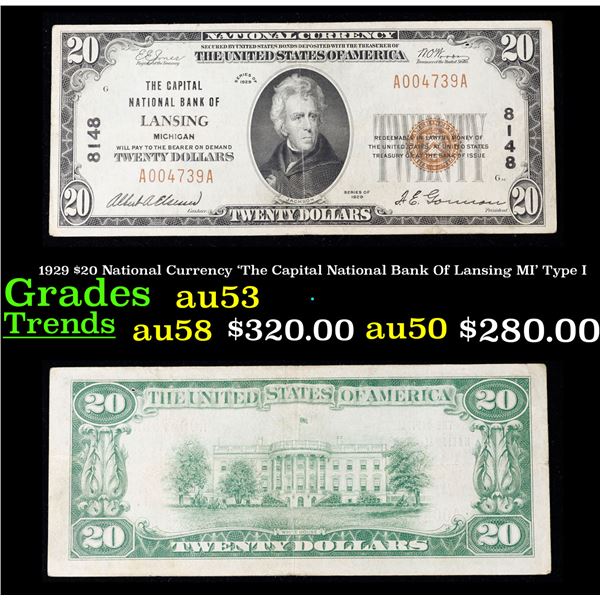 1929 $20 National Currency 'The Capital National Bank Of Lansing MI' Type I Grades Select AU