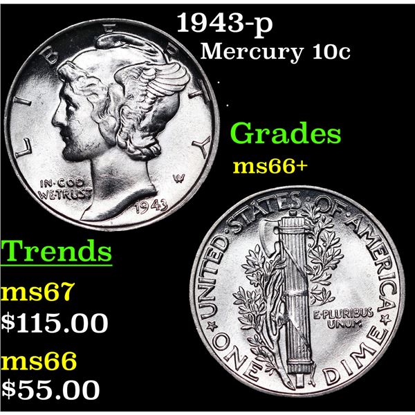 1943-p Mercury Dime 10c Grades GEM++ Unc