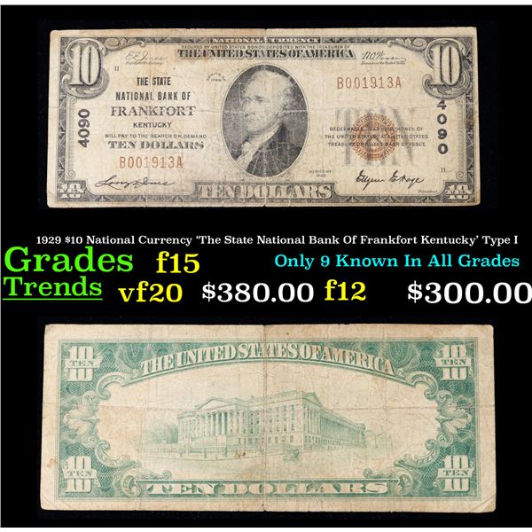 1929 $10 National Currency 'The State National Bank Of Frankfort Kentucky' Type I Grades f+