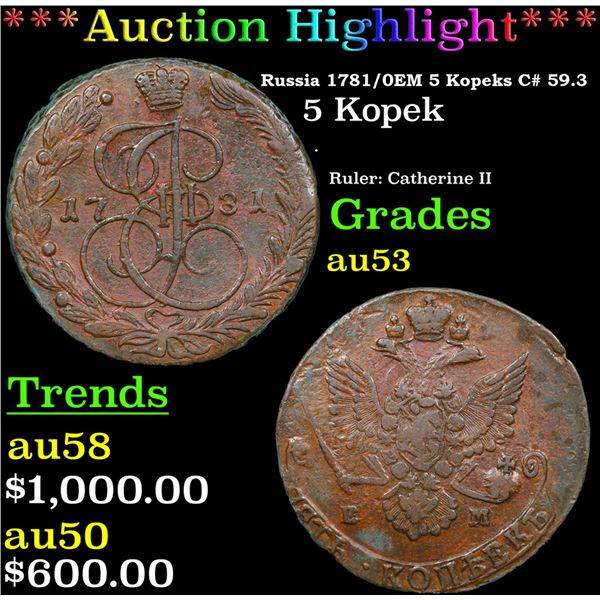 ***Auction Highlight*** Russia 1781/0?? 5 Kopeks C# 59.3 Grades Select AU By SEGS (fc)
