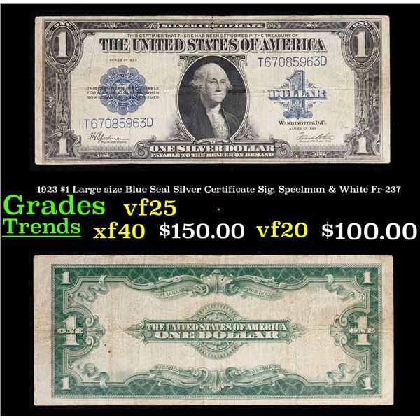 1923 $1 Large size Blue Seal Silver Certificate Sig. Speelman & White Fr-237 Grades vf+