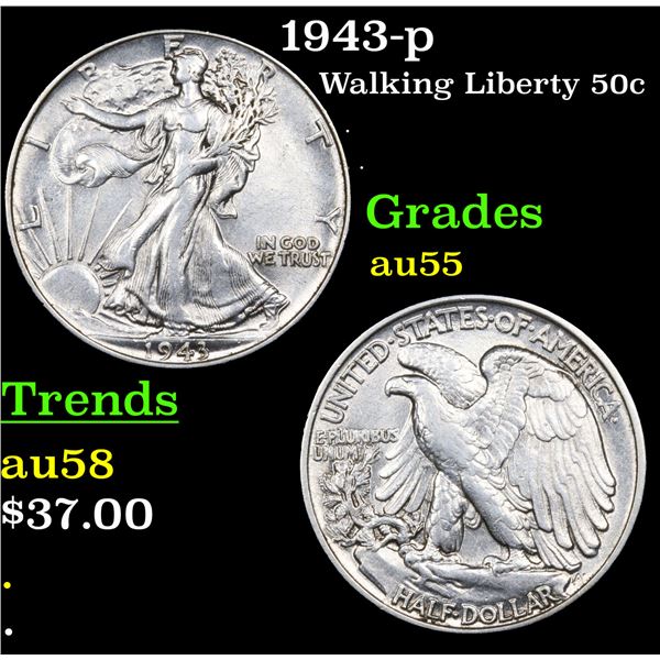 1943-p Walking Liberty Half Dollar 50c Grades Choice AU