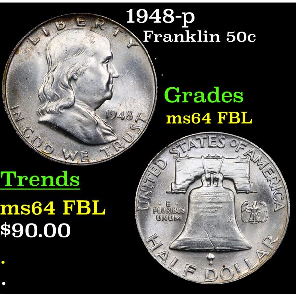 1948-p Franklin Half Dollar 50c Grades Choice Unc FBL
