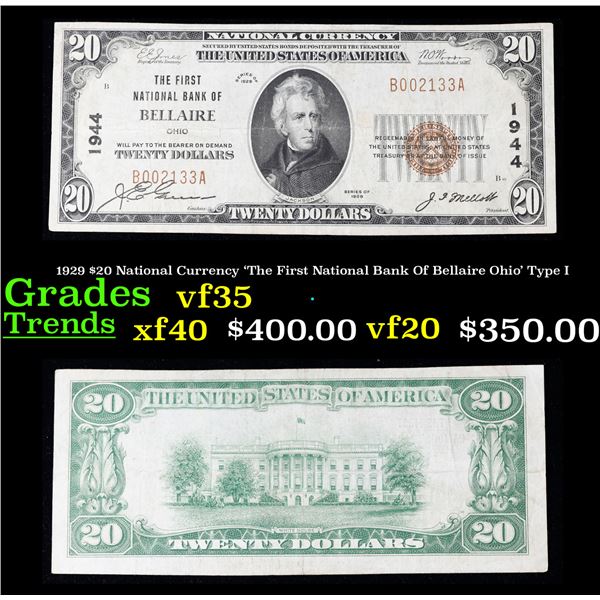 1929 $20 National Currency 'The First National Bank Of Bellaire Ohio' Type I Grades vf++