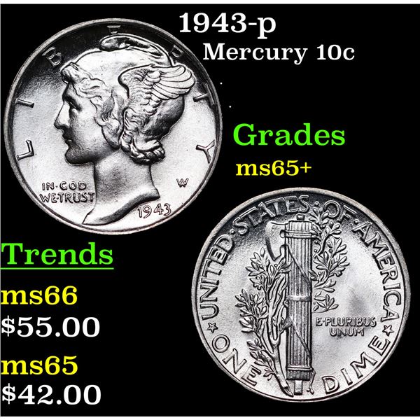 1943-p Mercury Dime 10c Grades GEM+ Unc