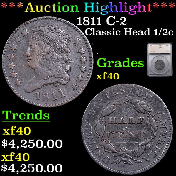 ***Auction Highlight*** 1811 Classic Head half cent C-2 1/2c Graded xf40 By SEGS (fc)