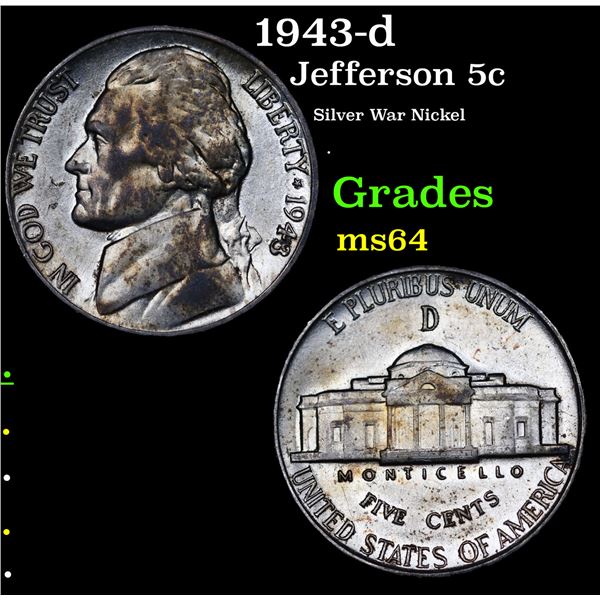 1943-d Jefferson Nickel 5c Grades Choice Unc