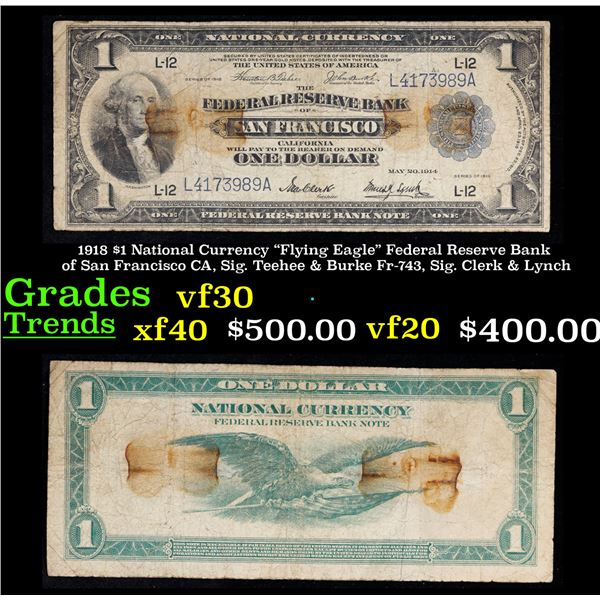 1918 $1 National Currency "Flying Eagle" Federal Reserve Bank of San Francisco CA, Sig. Teehee & Bur