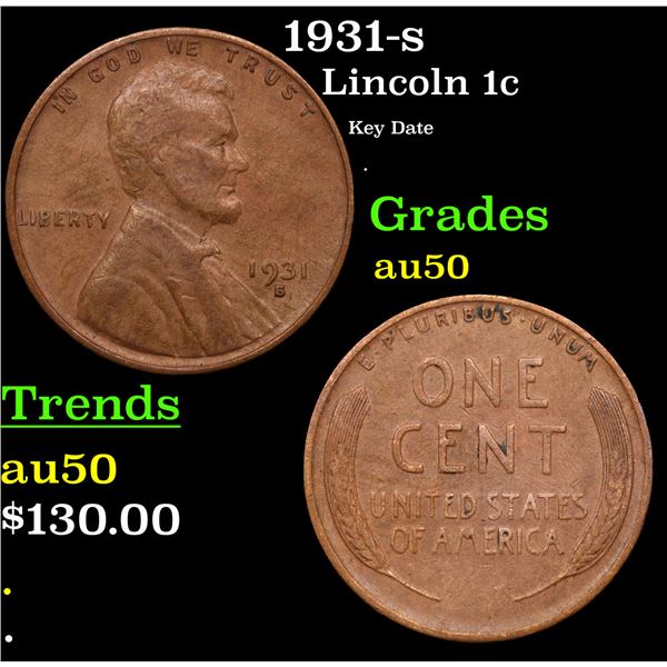 1931-s Lincoln Cent 1c Grades AU, Almost Unc