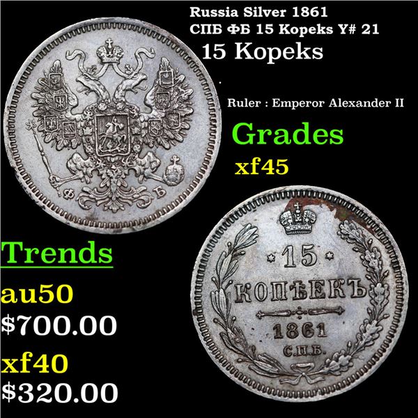 Russia Silver 1861 ??? ?? 15 Kopeks Y# 21 Grades xf+ By SEGS