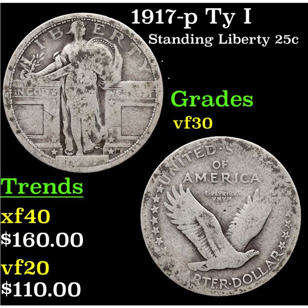 1917-p Ty I Standing Liberty Quarter 25c Grades vf++