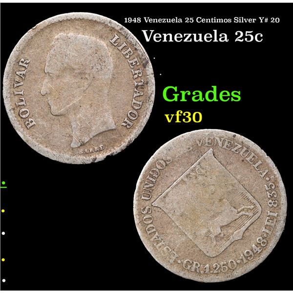 1948 Venezuela 25 Centimos Silver Y# 20 Grades vf++