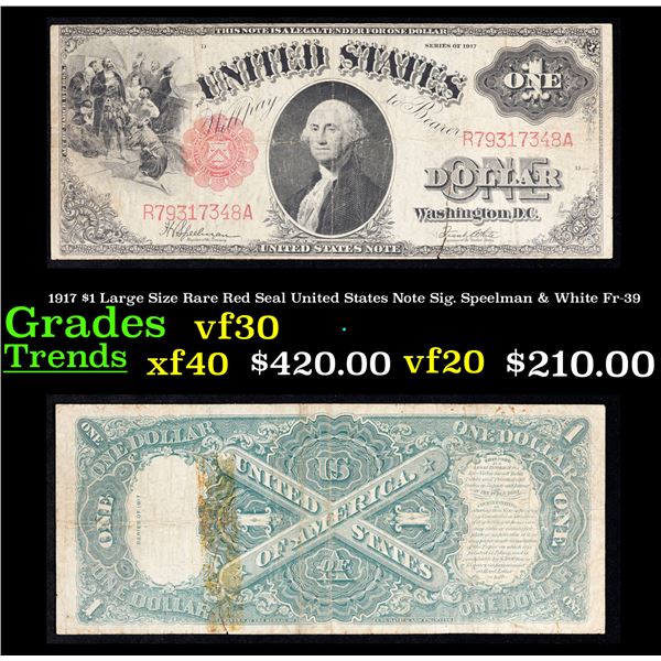 1917 $1 Large Size Rare Red Seal United States Note Sig. Speelman & White Fr-39 Grades vf++