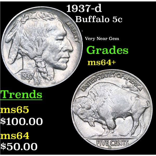 1937-d Buffalo Nickel 5c Grades Choice+ Unc