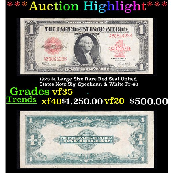 ***Auction Highlight*** 1923 $1 Large Size Rare Red Seal United States Note Sig. Speelman & White Fr