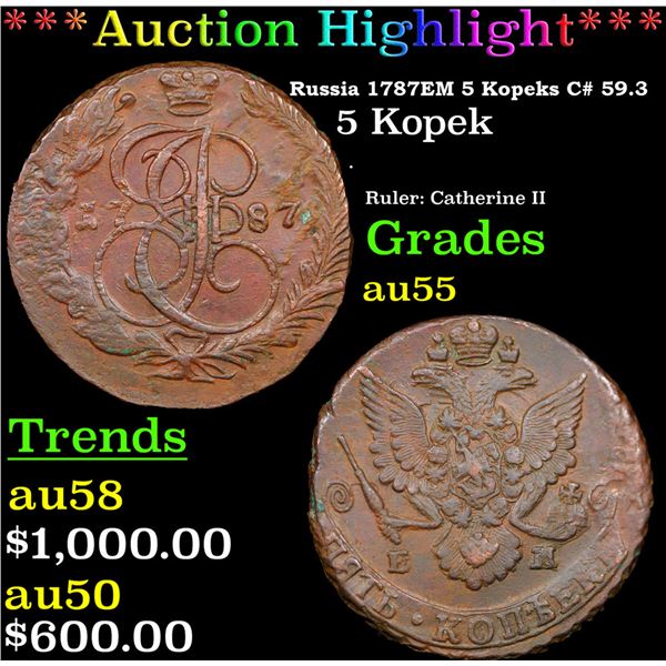 ***Auction Highlight*** Russia 1787?? 5 Kopeks C# 59.3 Grades Choice AU By SEGS (fc)