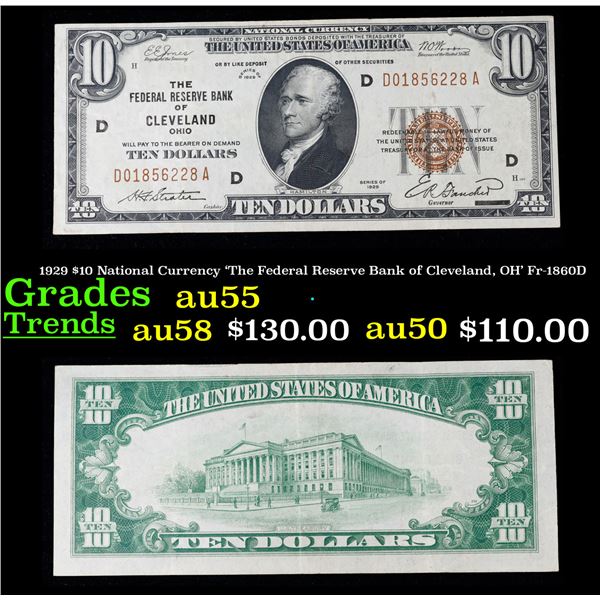 1929 $10 National Currency 'The Federal Reserve Bank of Cleveland, OH' Fr-1860D Grades Choice AU