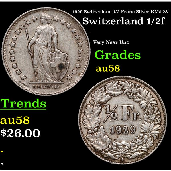 1929 Switzerland 1/2 Franc Silver KM# 23 Grades Choice AU/BU Slider