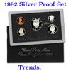 Image 1 : 1992 United States Mint Silver Proof Set. 5 Coins Inside. Black box and COA