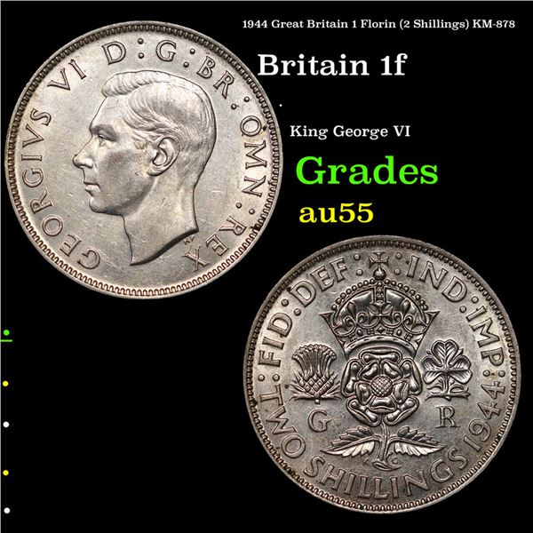 1949 Great Britain 1 Florin (2 Shillings) KM-878 Grades Choice AU