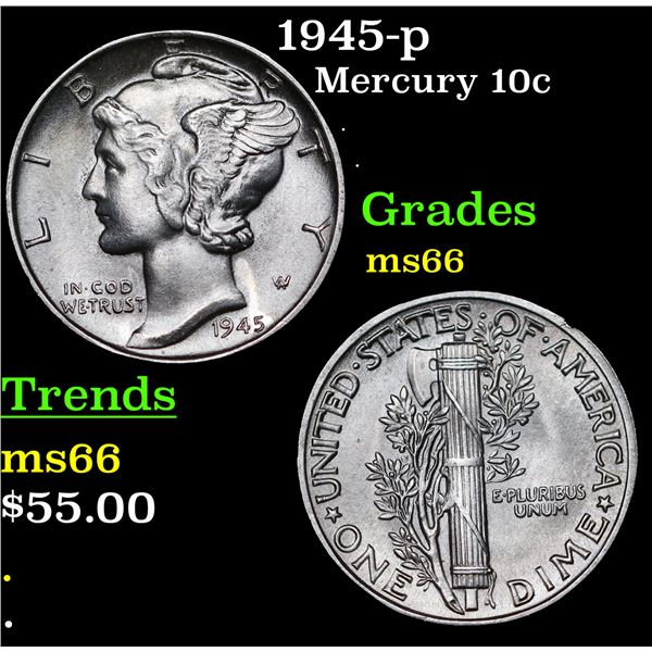 1945-p Mercury Dime 10c Grades GEM+ Unc
