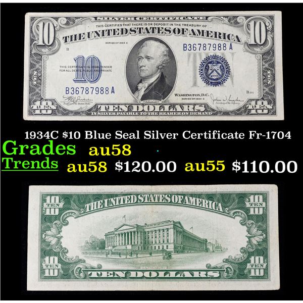 1934C $10 Blue Seal Silver Certificate Fr-1704 Grades Choice AU/BU Slider