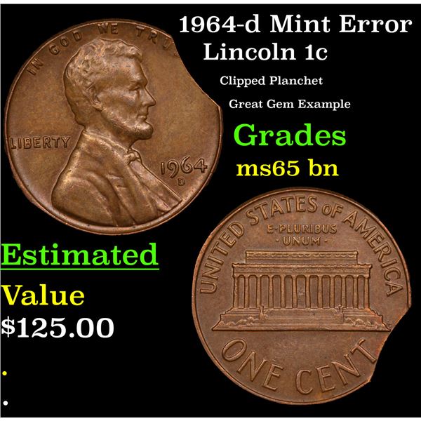 1964-d Lincoln Cent Mint Error 1c Grades GEM Unc BN