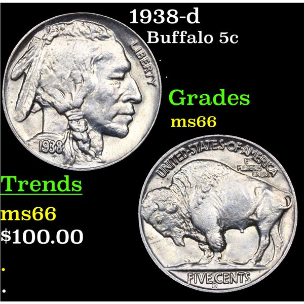 1938-d Buffalo Nickel 5c Grades GEM+ Unc