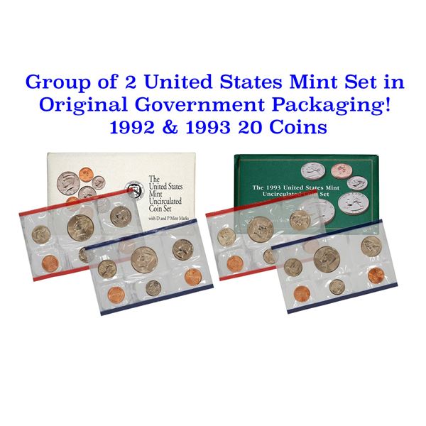 Group of 2 United States Mint Set in Original Government Packaging! From 1992-1993 with 20 Coins Ins