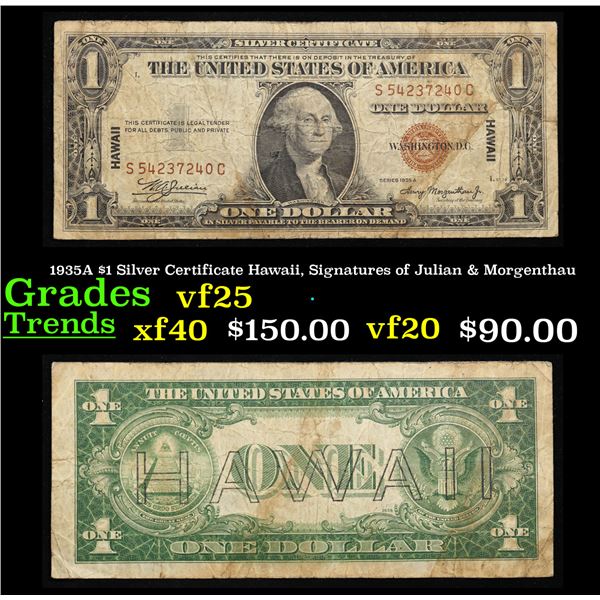 1935A $1 Silver Certificate Hawaii, Signatures of Julian & Morgenthau Grades vf+