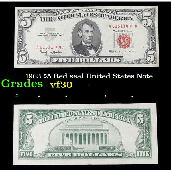 1963 $5 Red seal United States Note Grades vf++