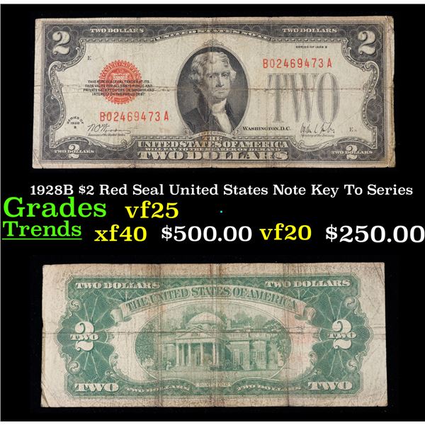 1928B $2 Red Seal United States Note Key To Series Grades vf+