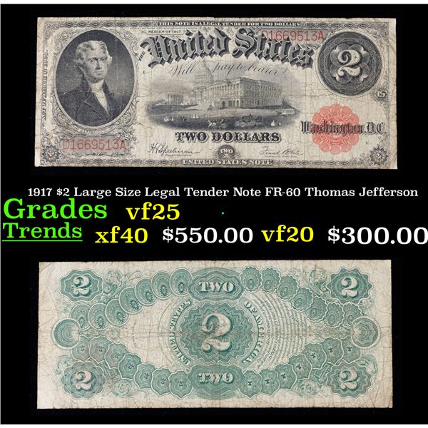 1917 $2 Large Size Legal Tender Note FR-60 Thomas Jefferson Grades vf+