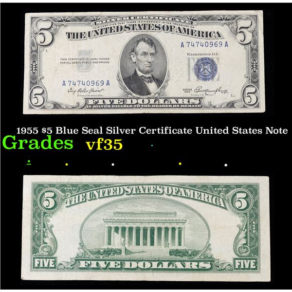 1955 $5 Blue Seal Silver Certificate United States Note Grades vf++