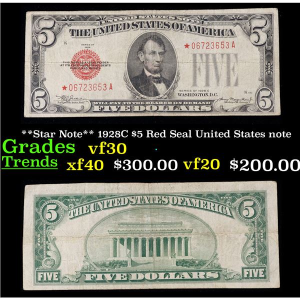 **Star Note** 1928C $5 Red Seal United States note Grades vf++