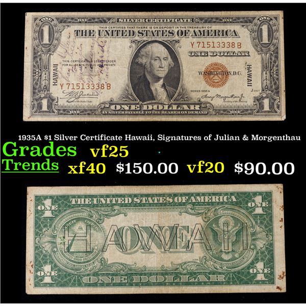 1935A $1 Silver Certificate Hawaii, Signatures of Julian & Morgenthau Grades vf+