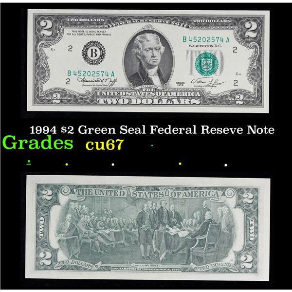 1994 $2 Green Seal Federal Reseve Note Grades Gem++ CU