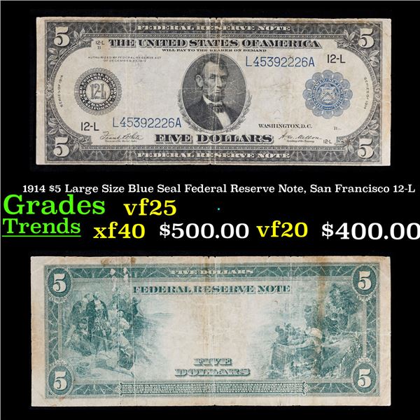 1914 $5 Large Size Blue Seal Federal Reserve Note, 12-L san Francis Grades vf+