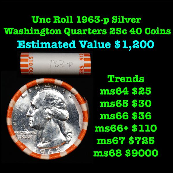 ***Auction Highlight*** Full Roll of Silver Unc 1963-p Washington 25c, 40 Coins in Total Brilliant U