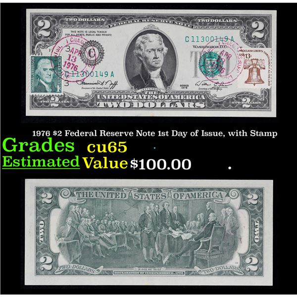 1976 $2 Federal Reserve Note 1st Day of Issue, with Stamp Grades Gem CU
