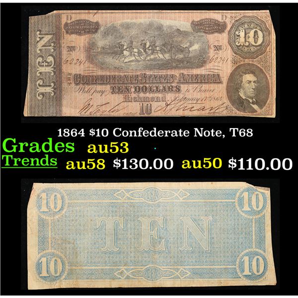 1864 $10 Confederate Note, T68 Grades Select AU