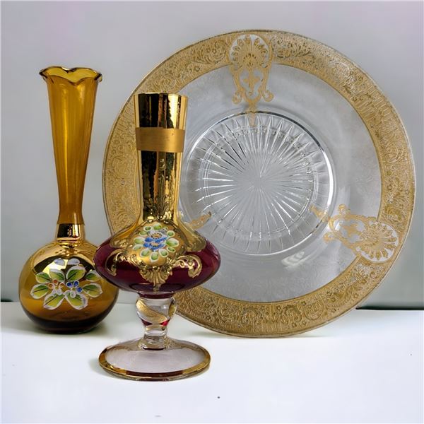 Set of 3 Gold Embossed Glassware & Vases