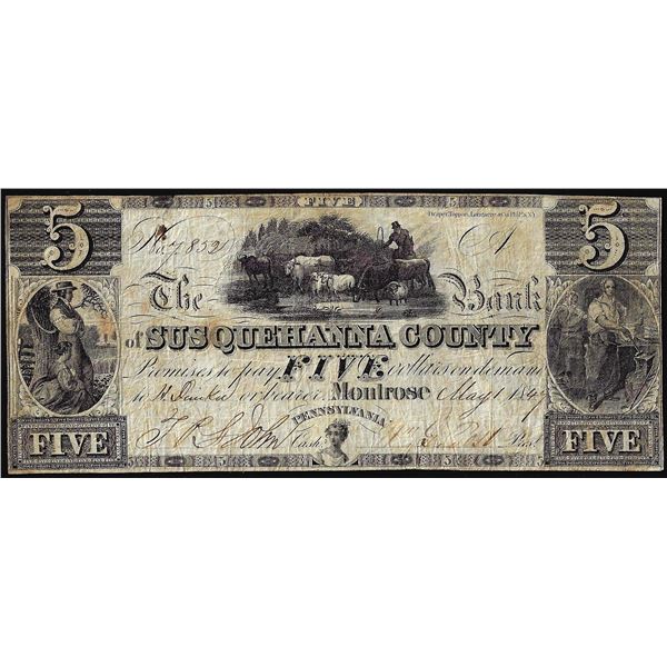 1844 $5 Susquehanna County Montrose, PA Obsolete Note