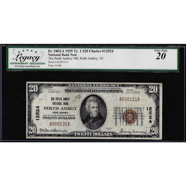 1929 $20 NB Perth Amboy, NJ CH# 12524 National Currency Note Legacy Very Fine 20