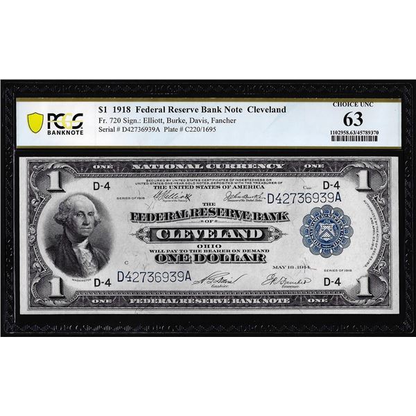 1918 $1 Federal Reserve Bank Note Cleveland Fr.720 PCGS Choice Uncirculated 63