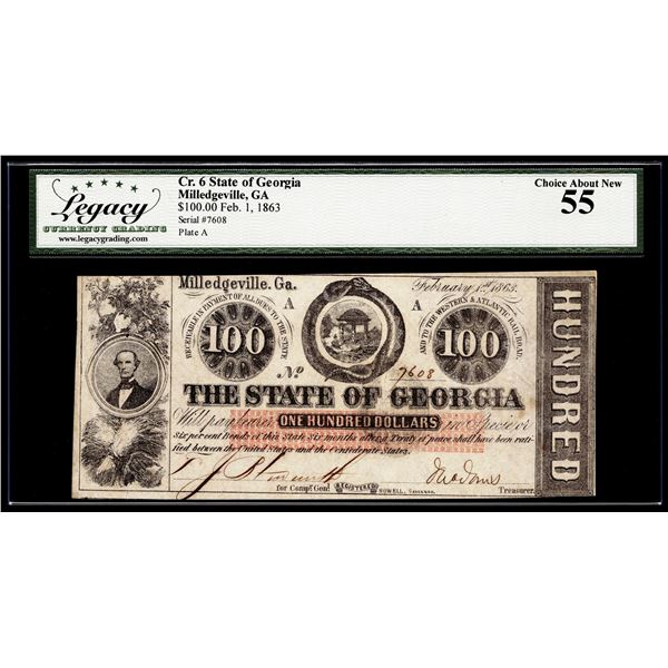 1863 $100 State of Georgia Milledgeville, GA Obsolete Note Legacy Choice About New 55